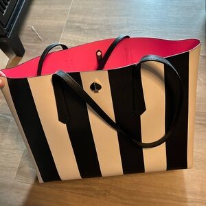 Kate Spade Black and White Striped Tote with Pink Interior